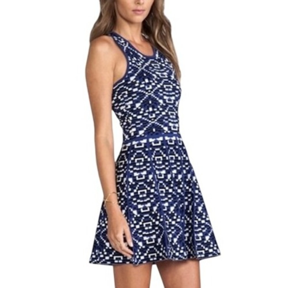Parker Women's Kaitlyn Fit & Flare Dress M‎ Blue Black White Geometric Jacquard